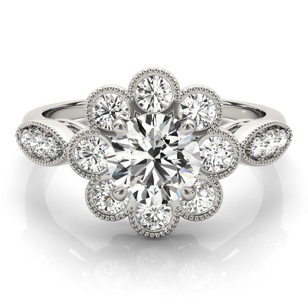 Silver Round Milgrain Halo Floral Diamond Ring with Split Shank and Four-Prong Setting 2