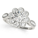 Silver Round Milgrain Halo Floral Diamond Ring with Split Shank and Four-Prong Setting
