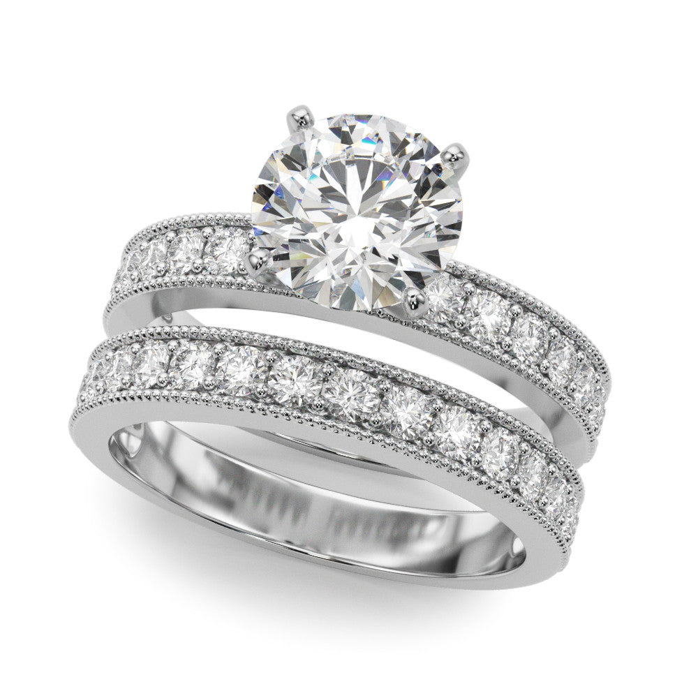 Silver Round Milgrain Pave Diamond Engagement Ring with Four-Prong Setting