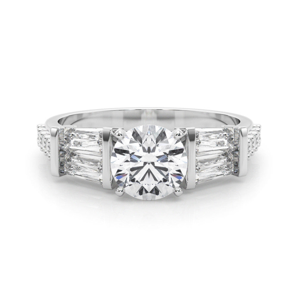 Silver Round Solitaire Baguette Side Stone Channel Set Engagement Ring
