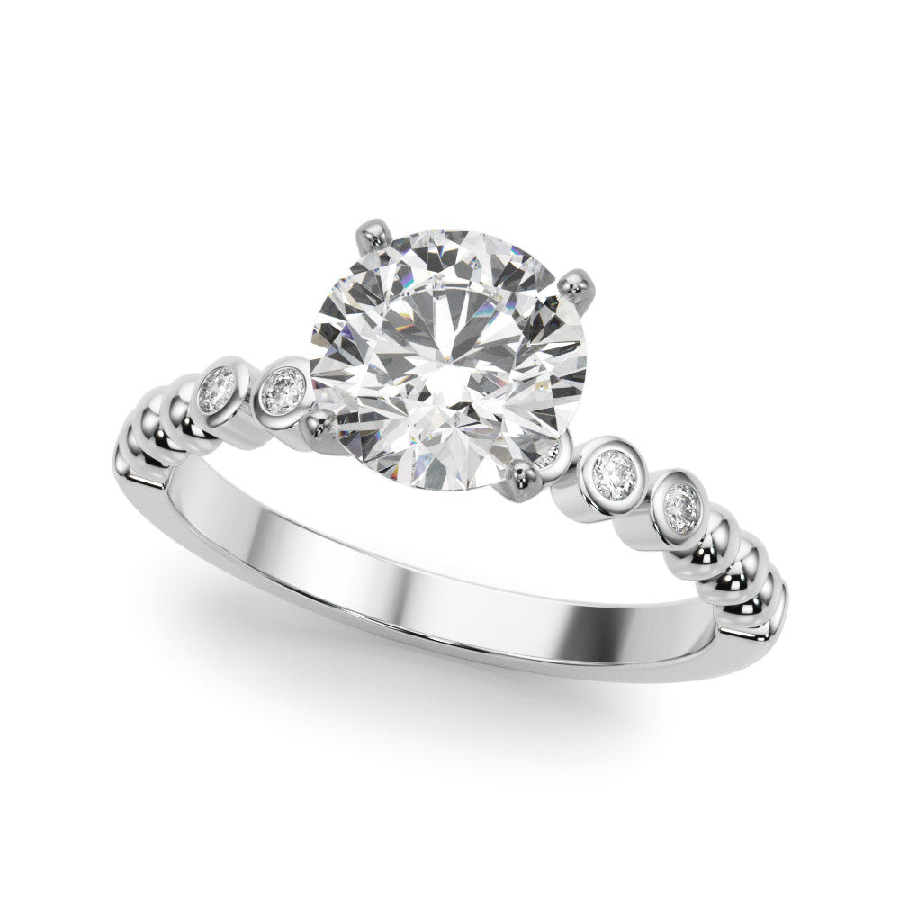 Silver Round Solitaire Bezel Accent Diamond Engagement Ring with Beaded Band and Four-Prong Setting 2