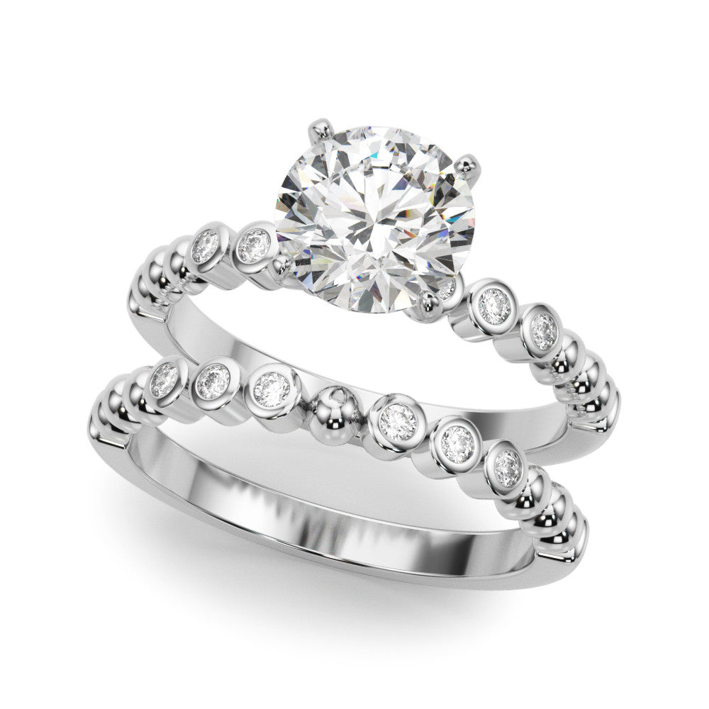 Silver Round Solitaire Bezel Accent Diamond Engagement Ring with Beaded Band and Four-Prong Setting