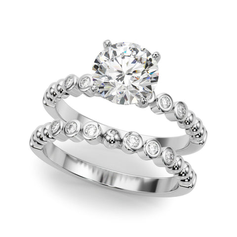 Silver Round Solitaire Bezel Accent Diamond Engagement Ring with Beaded Band and Four-Prong Setting