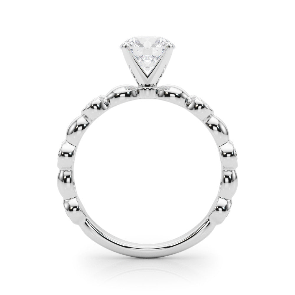 Silver Round Solitaire Bezel-Set Diamond Ring with Beaded Band and Four-Prong Setting 1