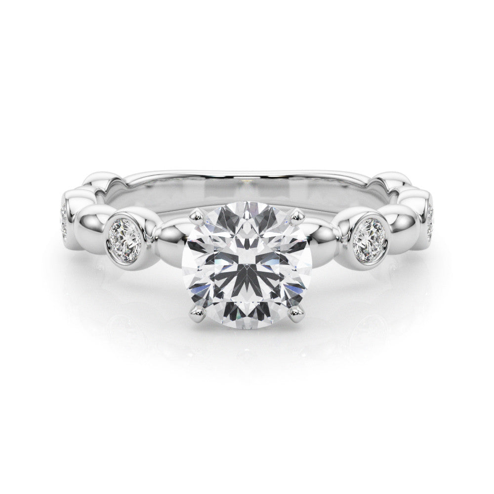 Silver Round Solitaire Bezel-Set Diamond Ring with Beaded Band and Four-Prong Setting