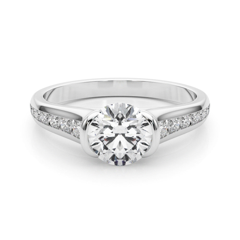 Silver Round Solitaire Bezel-Set Diamond Ring with Channel-Set Band