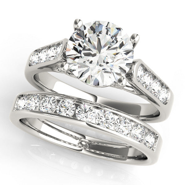 Silver Round Solitaire Cathedral Diamond Engagement Ring with Channel-Set Band and Four-Prong Setting