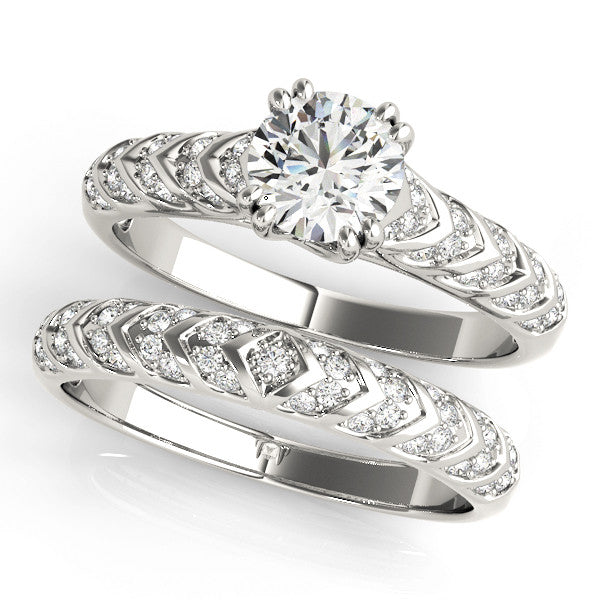 Silver Round Solitaire Chevron Pave Diamond Engagement Ring with Six-Prong Setting