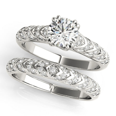 Silver Round Solitaire Chevron Pave Diamond Engagement Ring with Six-Prong Setting