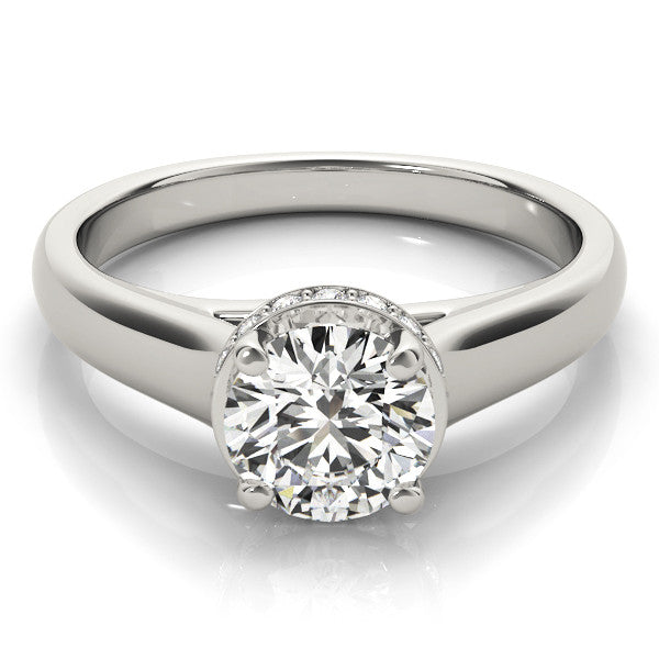 Silver Round Solitaire Diamond Engagement Ring with Four-Prong Setting and Tapered Band
