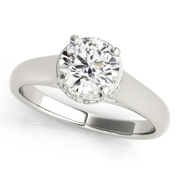 Silver Round Solitaire Diamond Engagement Ring with Four-Prong Setting and Tapered Band