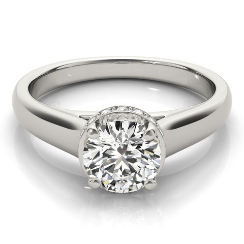 Silver Round Solitaire Diamond Engagement Ring with Four-Prong Setting and Tapered Band