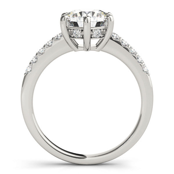 Silver Round Solitaire Diamond Engagement Ring with Pavé Band and Six-Prong Setting 1