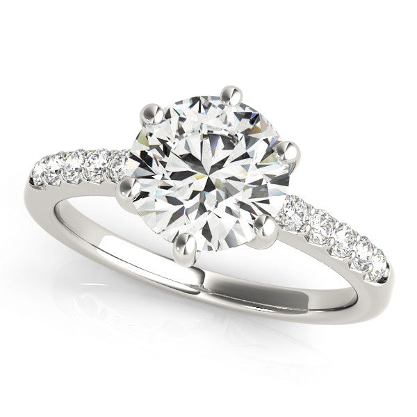 Silver Round Solitaire Diamond Engagement Ring with Pavé Band and Six-Prong Setting 2