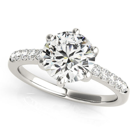 Silver Round Solitaire Diamond Engagement Ring with Pavé Band and Six-Prong Setting 2
