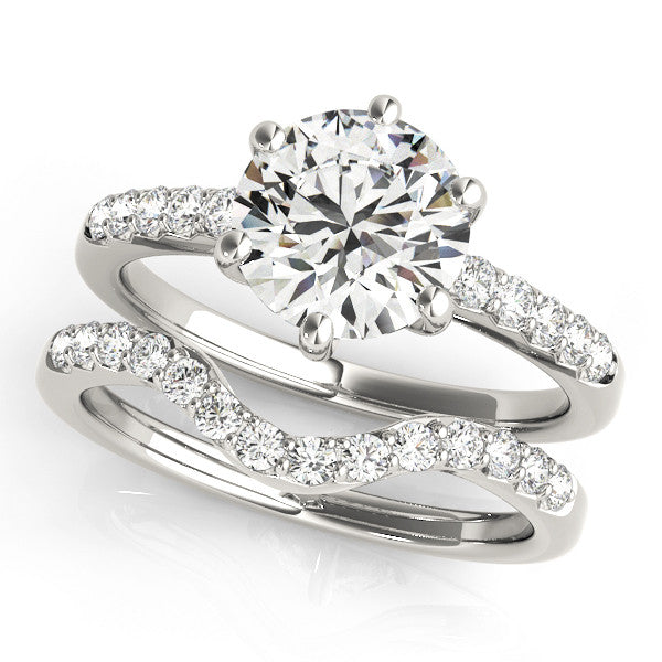 Silver Round Solitaire Diamond Engagement Ring with Pavé Band and Six-Prong Setting