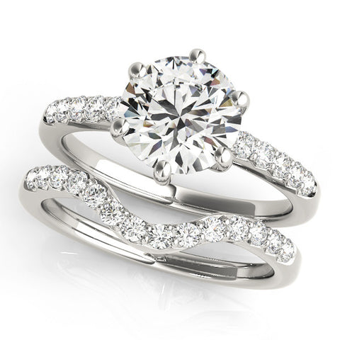 Silver Round Solitaire Diamond Engagement Ring with Pavé Band and Six-Prong Setting