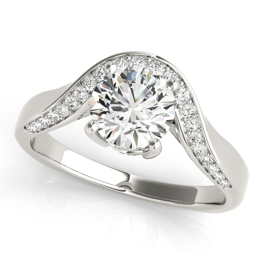 Silver Round Solitaire Diamond Engagement Ring with Pave Band and Four-Prong Setting 1