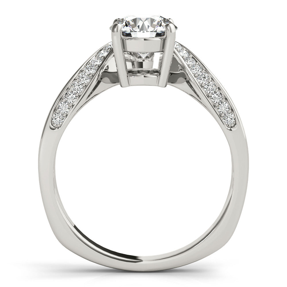 Silver Round Solitaire Diamond Engagement Ring with Pave Band and Four-Prong Setting