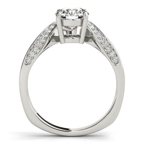 Silver Round Solitaire Diamond Engagement Ring with Pave Band and Four-Prong Setting