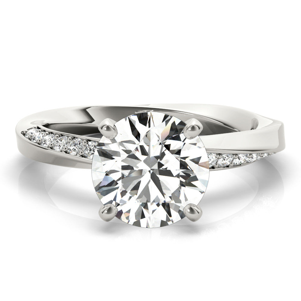 Silver Round Solitaire Diamond Engagement Ring with Side Stone Accents and Four-Prong Setting