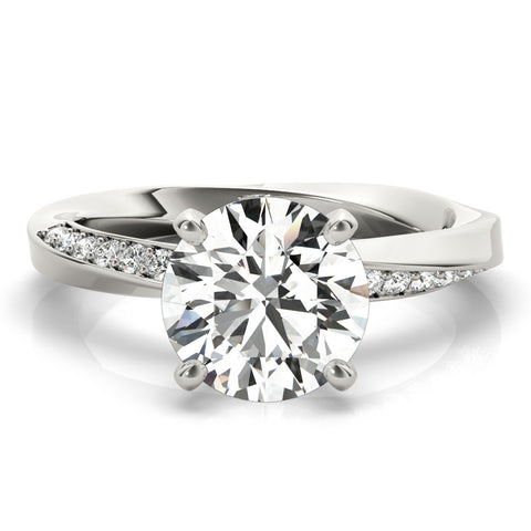 Silver Round Solitaire Diamond Engagement Ring with Side Stone Accents and Four-Prong Setting