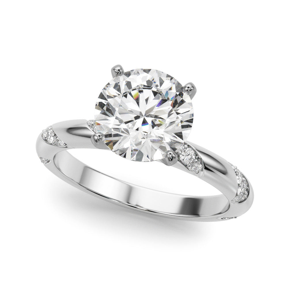 Silver Round Solitaire Diamond Engagement Ring with Twisted Pave Band and Four-Prong Setting 1