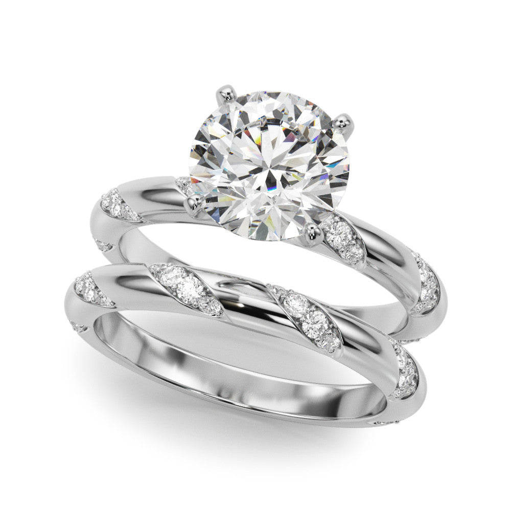 Silver Round Solitaire Diamond Engagement Ring with Twisted Pave Band and Four-Prong Setting 2