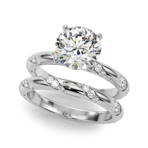 Silver Round Solitaire Diamond Engagement Ring with Twisted Pave Band and Four-Prong Setting 2