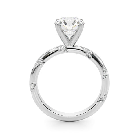 Silver Round Solitaire Diamond Engagement Ring with Twisted Pave Band and Four-Prong Setting