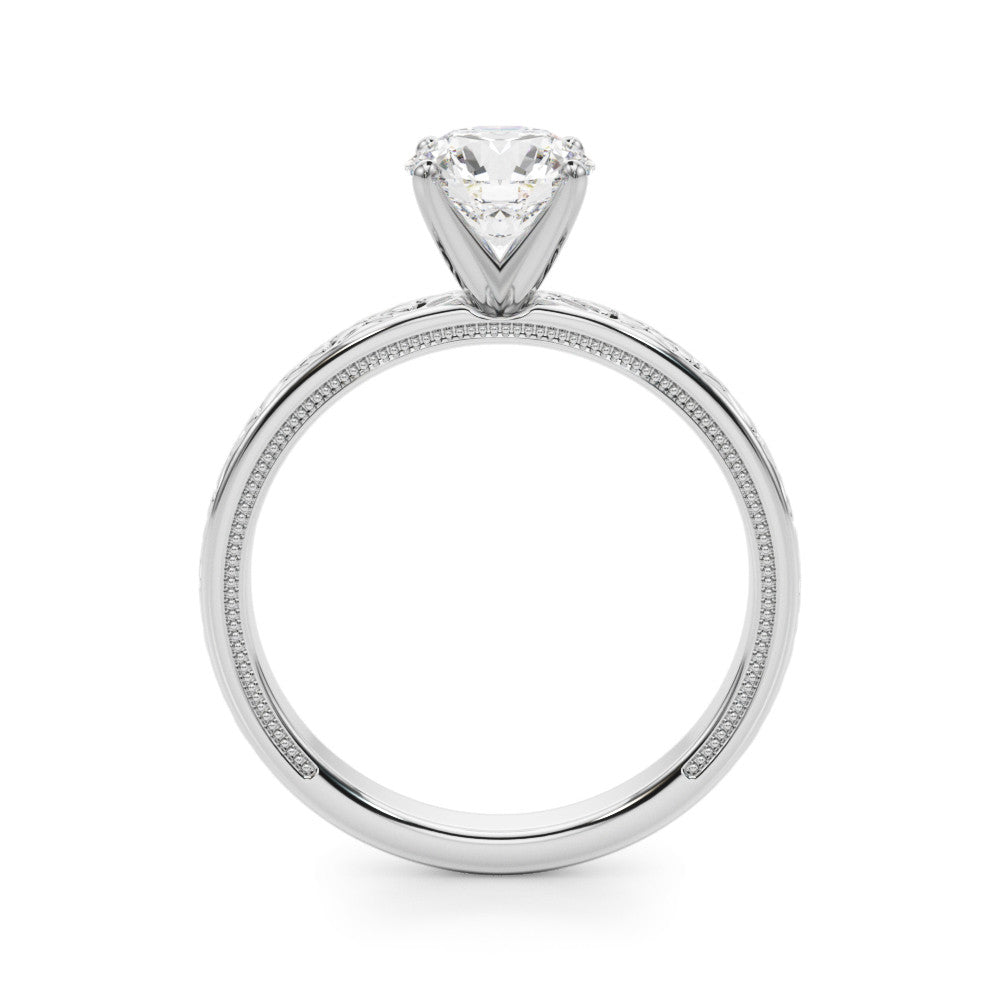 Silver Round Solitaire Diamond Engagement Ring with XO Engraved Band and Four-Prong Setting 1