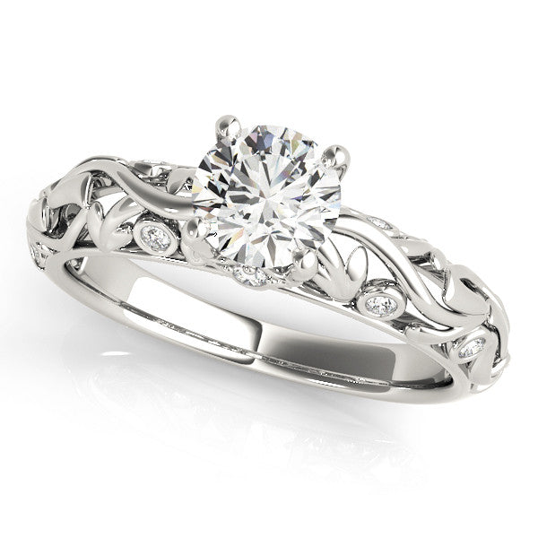 Silver Round Solitaire Diamond Leaf Vine Band with Prong Setting 2