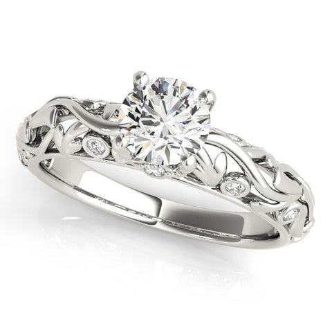 Silver Round Solitaire Diamond Leaf Vine Band with Prong Setting 2