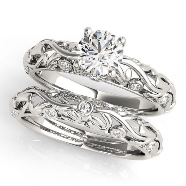 Silver Round Solitaire Diamond Leaf Vine Band with Prong Setting