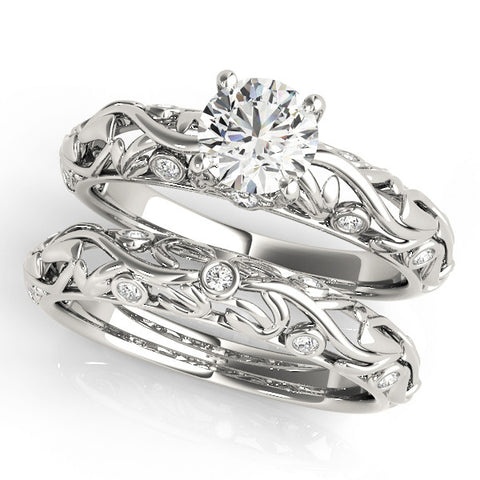 Silver Round Solitaire Diamond Leaf Vine Band with Prong Setting