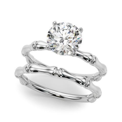 Silver Round Solitaire Diamond Ring with Bamboo Band and Four-Prong Setting