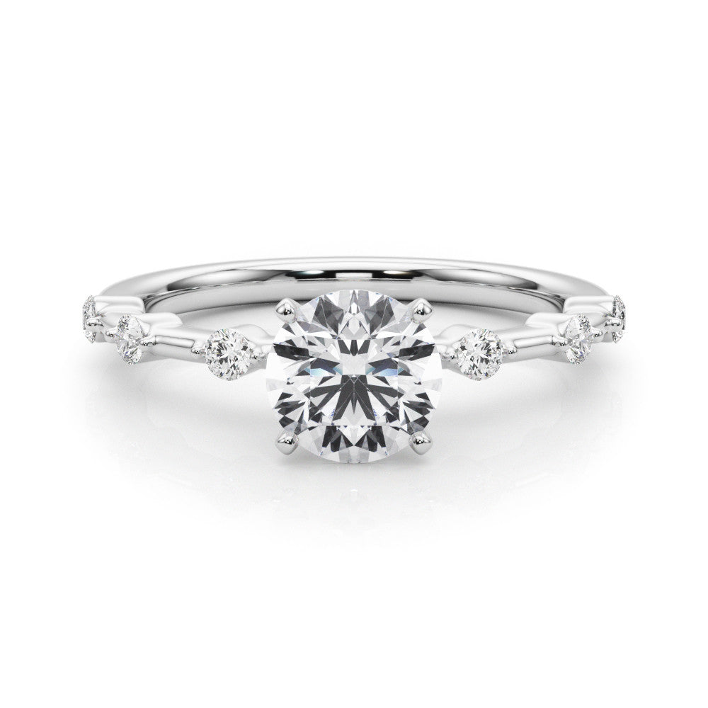 Silver Round Solitaire Diamond Ring with Bezel Set Side Stones and Prong Setting