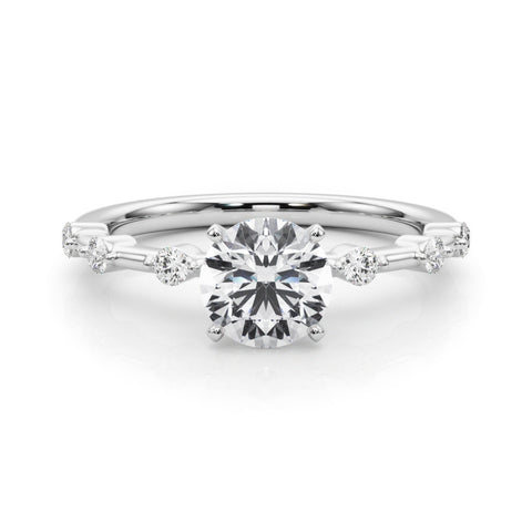 Silver Round Solitaire Diamond Ring with Bezel Set Side Stones and Prong Setting