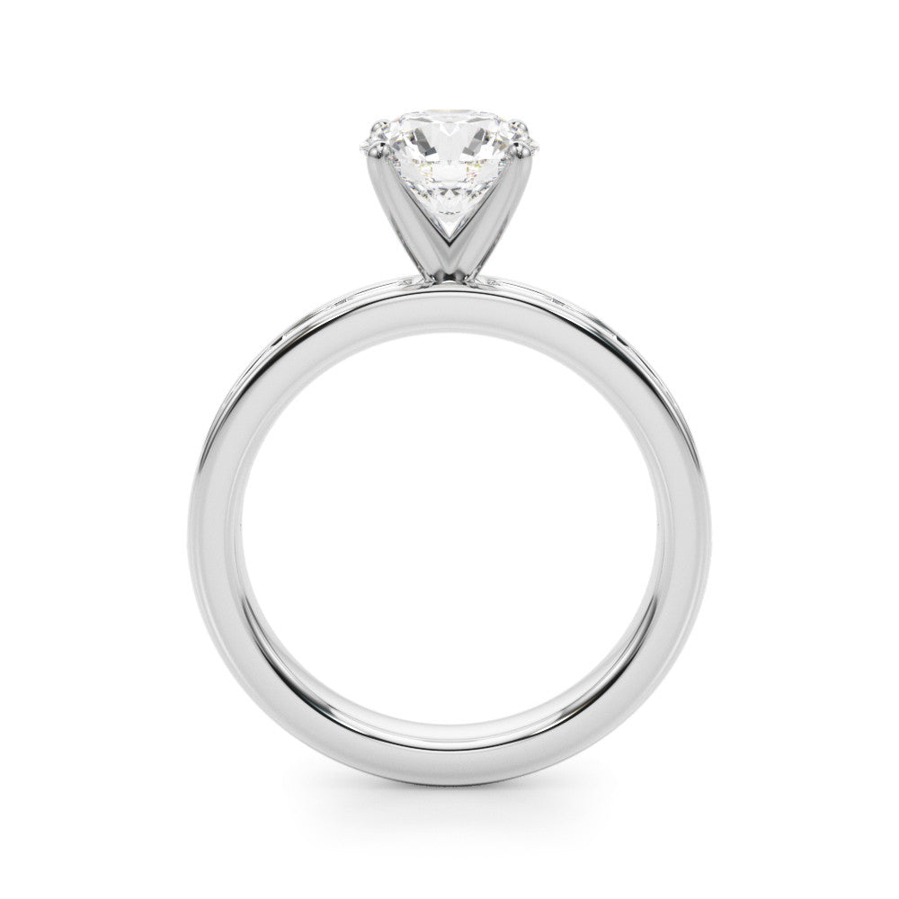 Silver Round Solitaire Diamond Ring with Channel-Set Baguette Band and Four-Prong Setting 1