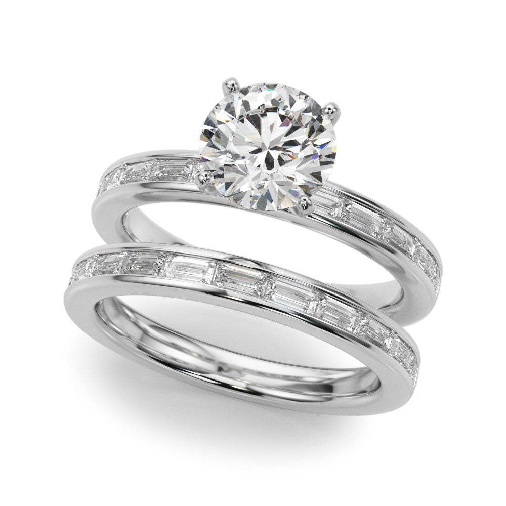 Silver Round Solitaire Diamond Ring with Channel-Set Baguette Band and Four-Prong Setting