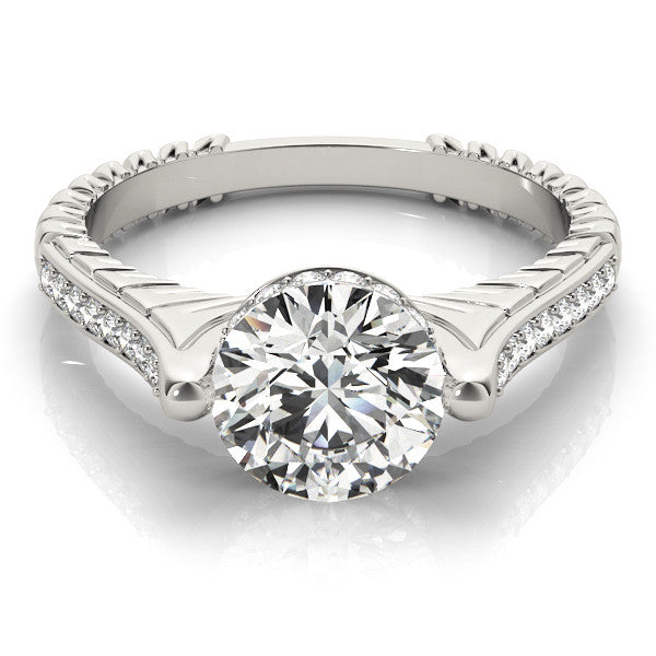 Silver Round Solitaire Diamond Ring with Channel Set Band and Bezel Prong Setting