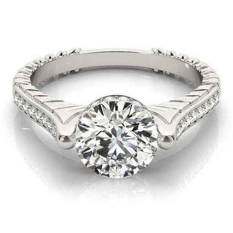 Silver Round Solitaire Diamond Ring with Channel Set Band and Bezel Prong Setting
