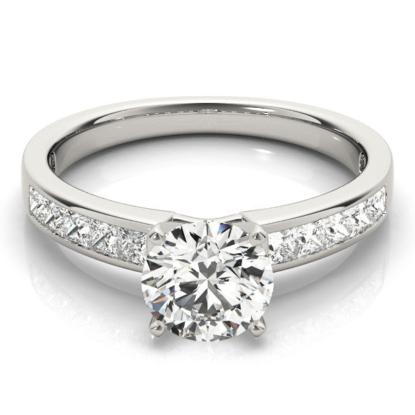 Silver Round Solitaire Diamond Ring with Channel-Set Band and Four-Prong Setting