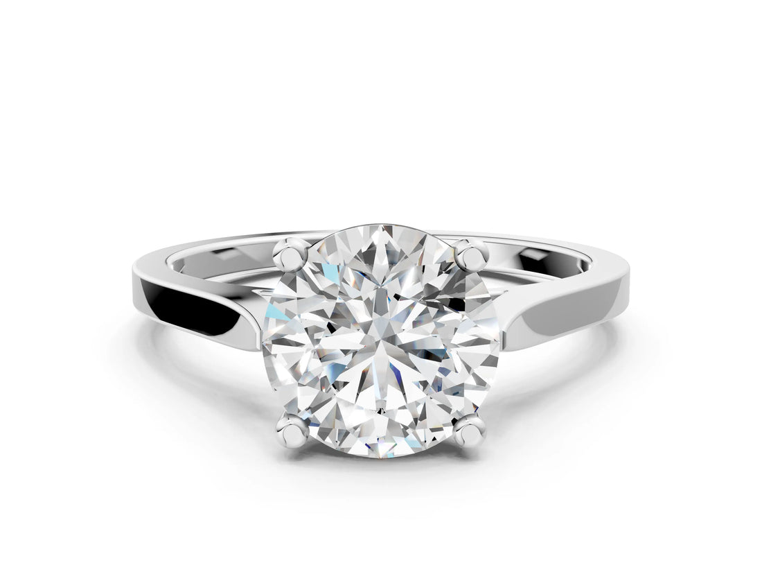 Silver Round Solitaire Diamond Ring with Four-Prong Setting and Tapered Band 2