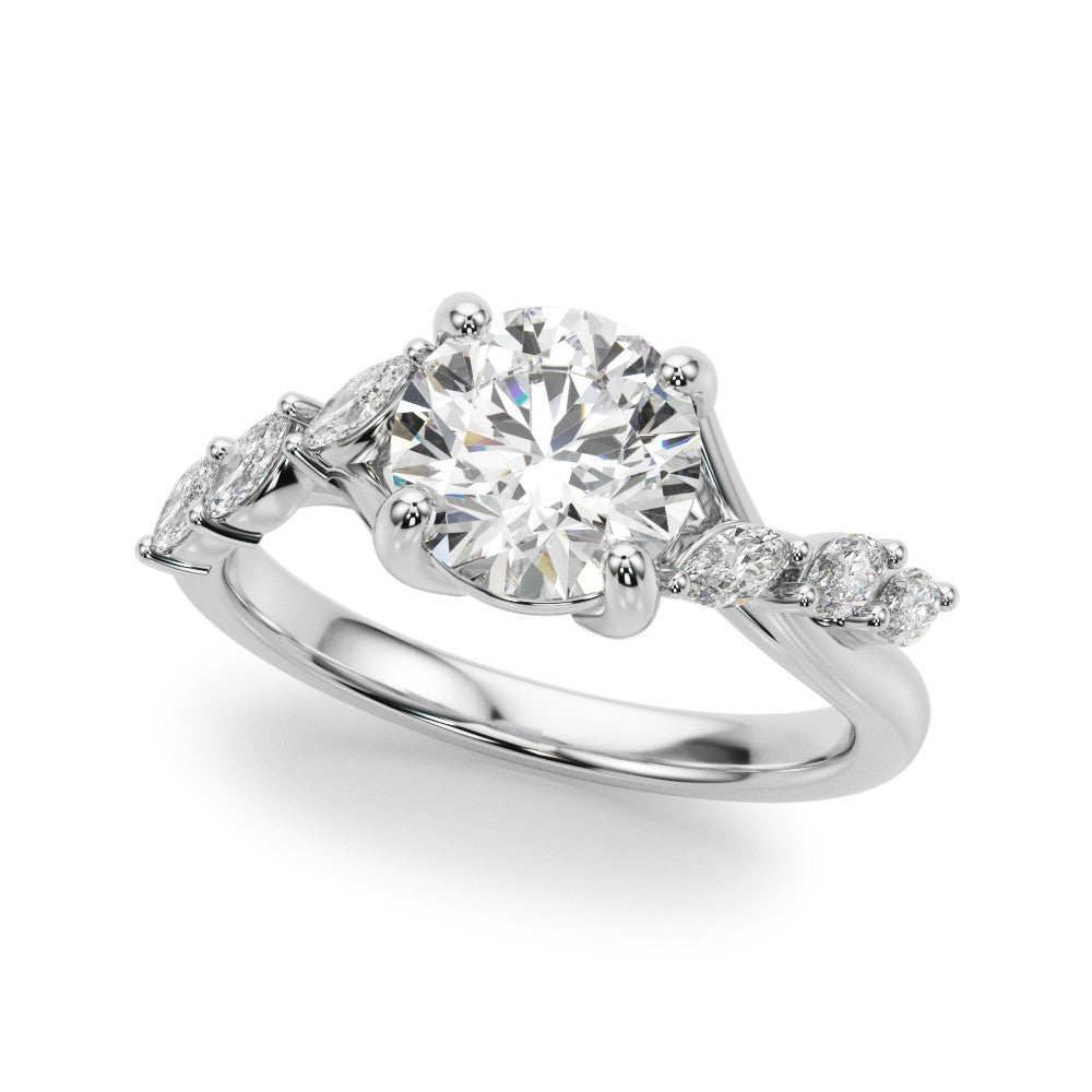 Silver Round Solitaire Diamond Ring with Marquise Side Stones and Prong Setting on a Split Shank Band 1