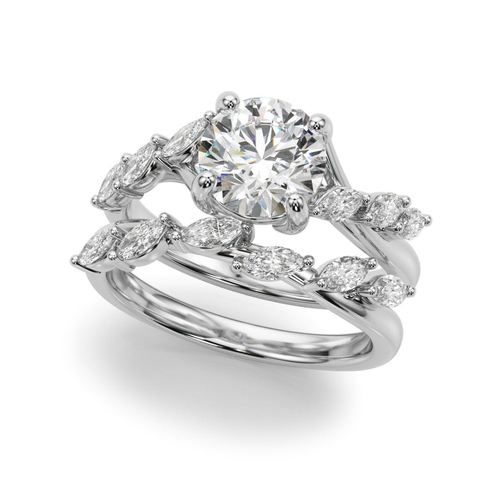 Silver Round Solitaire Diamond Ring with Marquise Side Stones and Prong Setting on a Split Shank Band 2