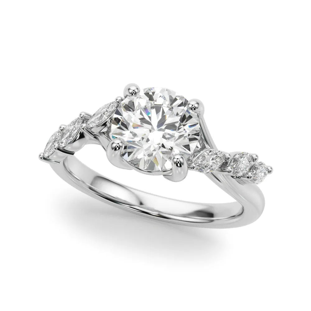 Silver Round Solitaire Diamond Ring with Marquise Side Stones and Prong Setting on a Split Shank Band