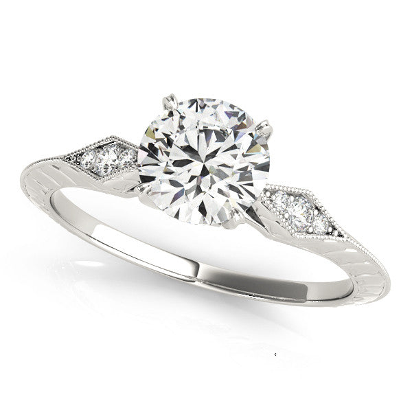 Silver Round Solitaire Diamond Ring with Milgrain Band and Four-Prong Setting 1