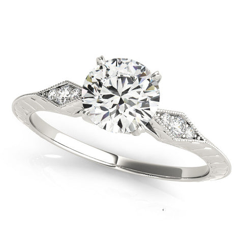 Silver Round Solitaire Diamond Ring with Milgrain Band and Four-Prong Setting 1