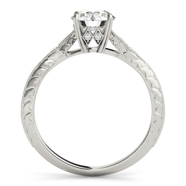 Silver Round Solitaire Diamond Ring with Milgrain Band and Four-Prong Setting